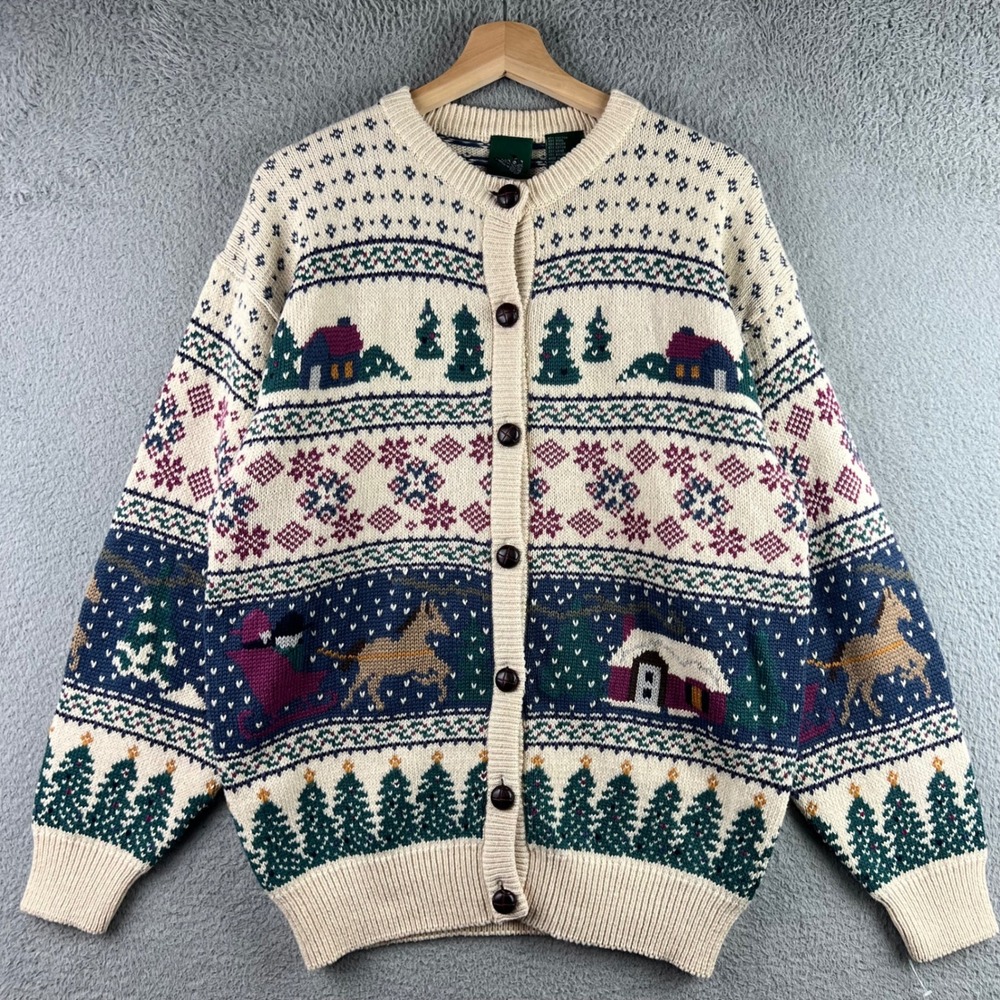 Northern Reflections Vintage Winter Scene Cardigan Sweater Wool Blend Cream L